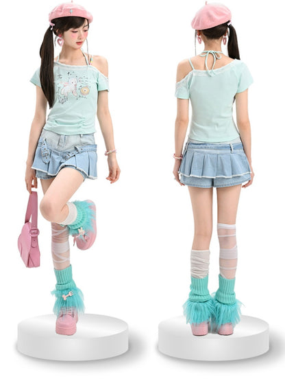 Y2K Adorable Lamb Print Mint Green Asymmetrical Neckline T-Shirt