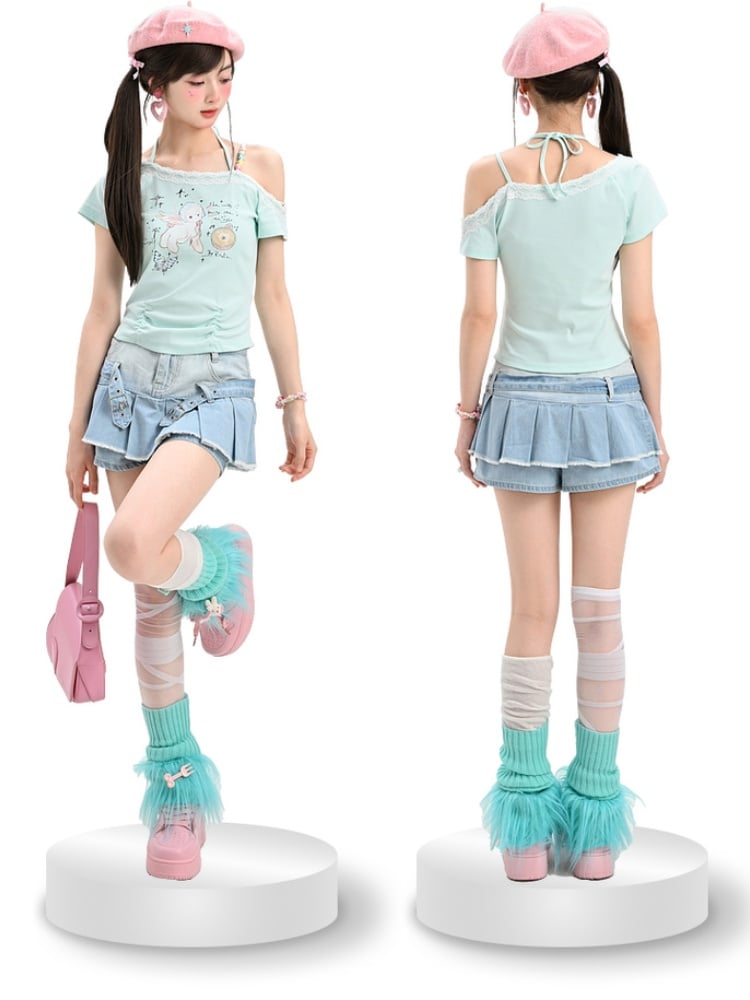 生のブルーバックルストラッププリーツパンクスカート裾デニムグラマラス