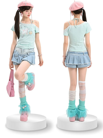 生のブルーバックルストラッププリーツパンクスカート裾デニムグラマラス