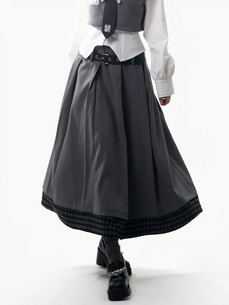 Hem Skirt Set - Belt Patchwork Waist Gray Prppy Elastic Plaid Pleated Style