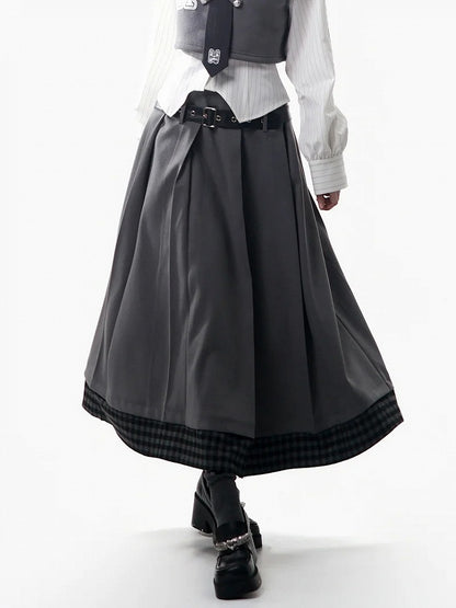 Hem Skirt Set - Belt Patchwork Waist Gray Prppy Elastic Plaid Pleated Style