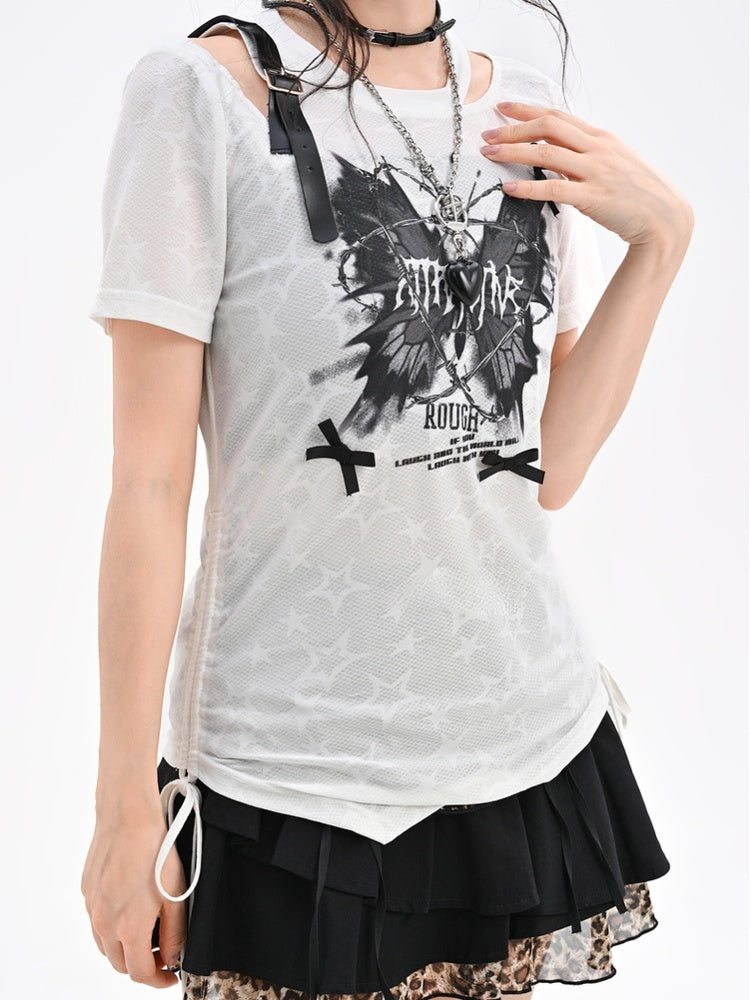 Butterfly Y2K White Semi-sheer PU Print Buckle T-shirt Waist Drawstring Strap Glamorous