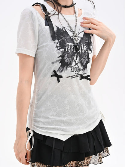 Butterfly Y2K White Semi-sheer PU Print Buckle T-shirt Waist Drawstring Strap Glamorous