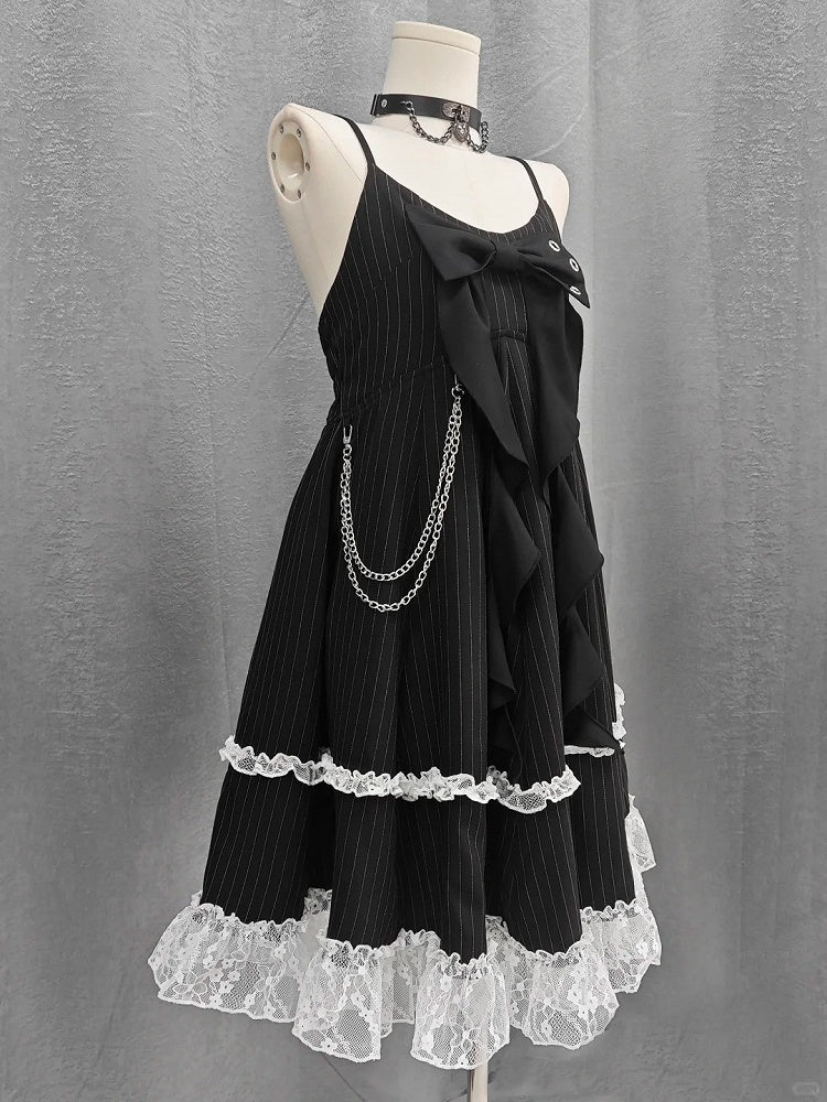 Rock Cami Kleid Big Bow Ausschnitt Schwarz mit gestreifter Taille Abnehmbare Kette Blase