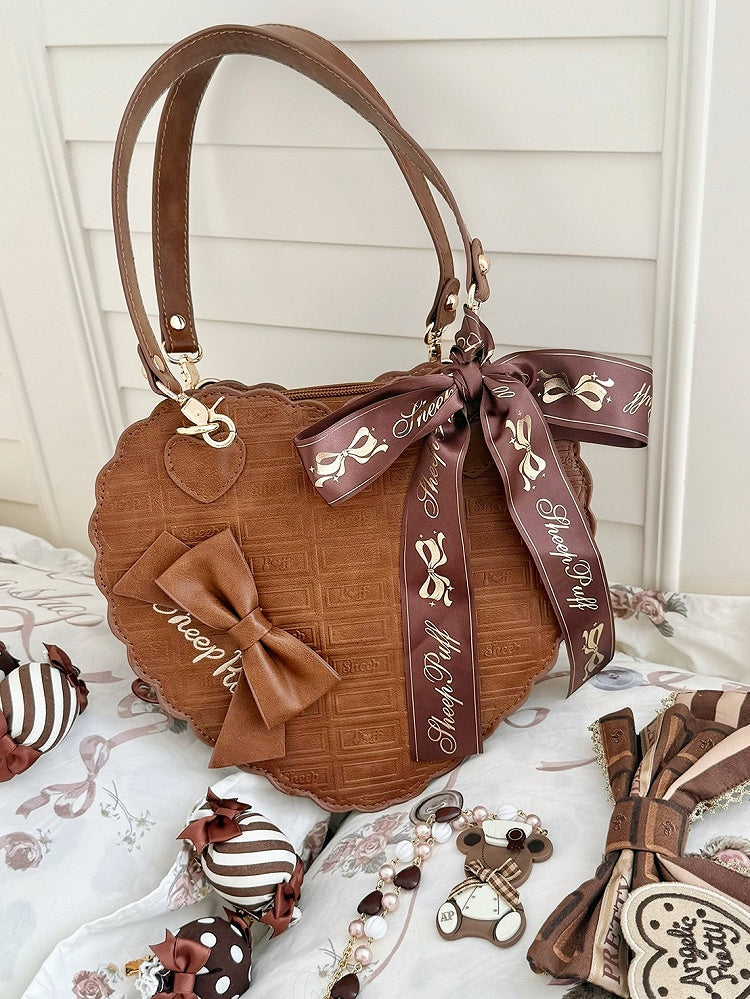 Pattern Accent Heart-shaped Sweet Lolita Style Carry Bag Chocolate Dark Brown - with Bow Triple