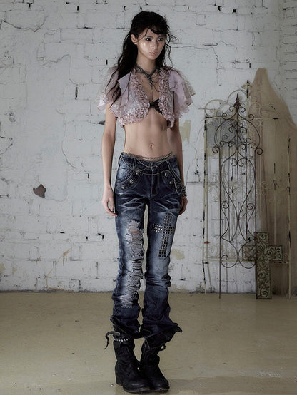 Dusty Pink Chiffon Cropped Top with Lace & Ruffle Trim - Romantic Punk Style