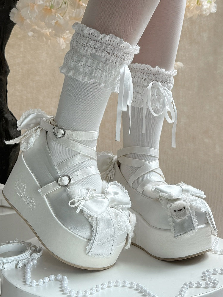White Ears Janes - Platform Lolita Sweet Mary Satin Bear Plush