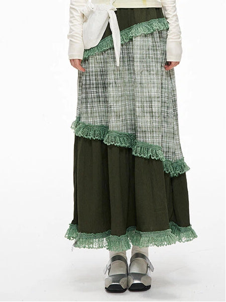 Serenity Patchwork Skirt Trim Lace Green Plaid with Sweety