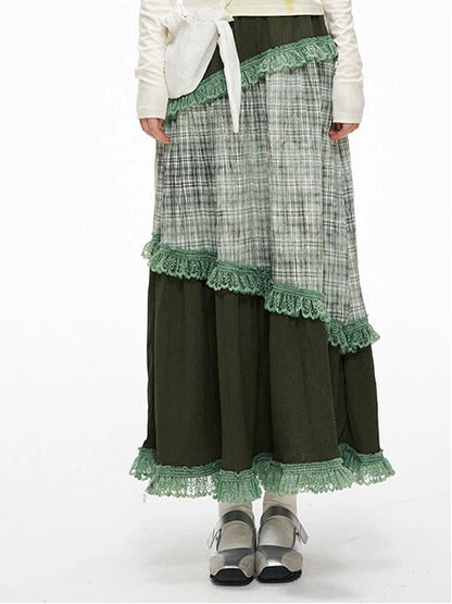 Serenity Patchwork Skirt Trim Lace Green Plaid with Sweety
