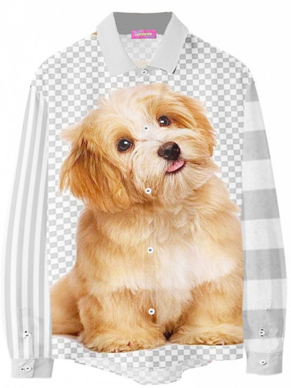 Fashion Gray Checked Puppy Pattern Print Striped Gyaru Shirt And