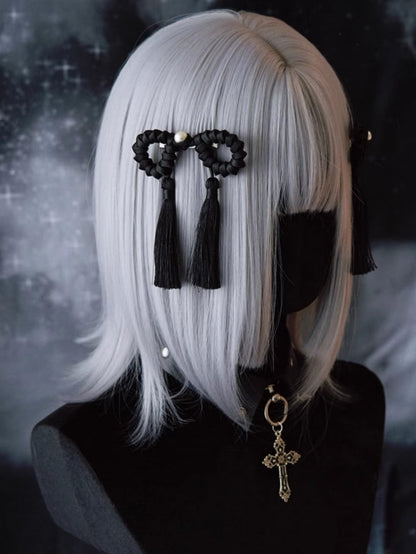 Black Tassels Design Decorated Hairclips Beaded Gothic Bowknot
