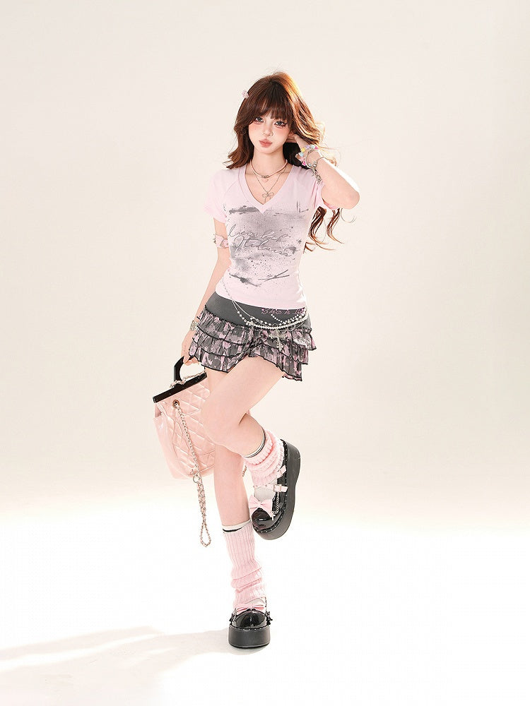 ピンク/ブルー Vネック スリムフィット グラフィックTシャツ