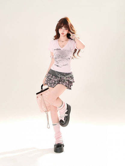 ピンク/ブルー Vネック スリムフィット グラフィックTシャツ