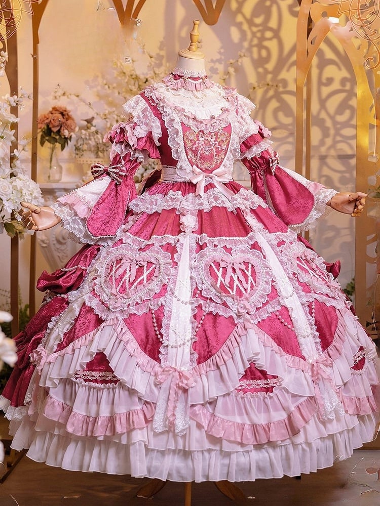 Rose Pink Hanayome Lolita Gown - Rosette Embroidery & Bead Chain Details