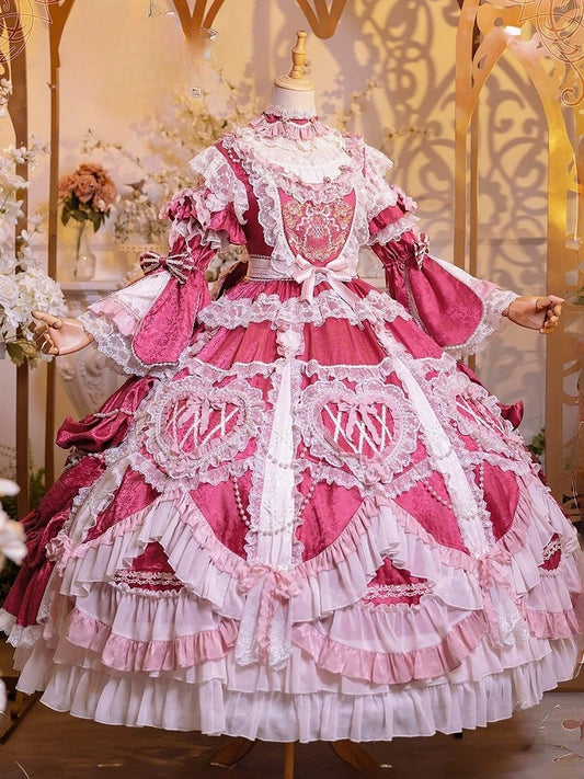 Rose Pink Hanayome Lolita Gown - Rosette Embroidery & Bead Chain Details