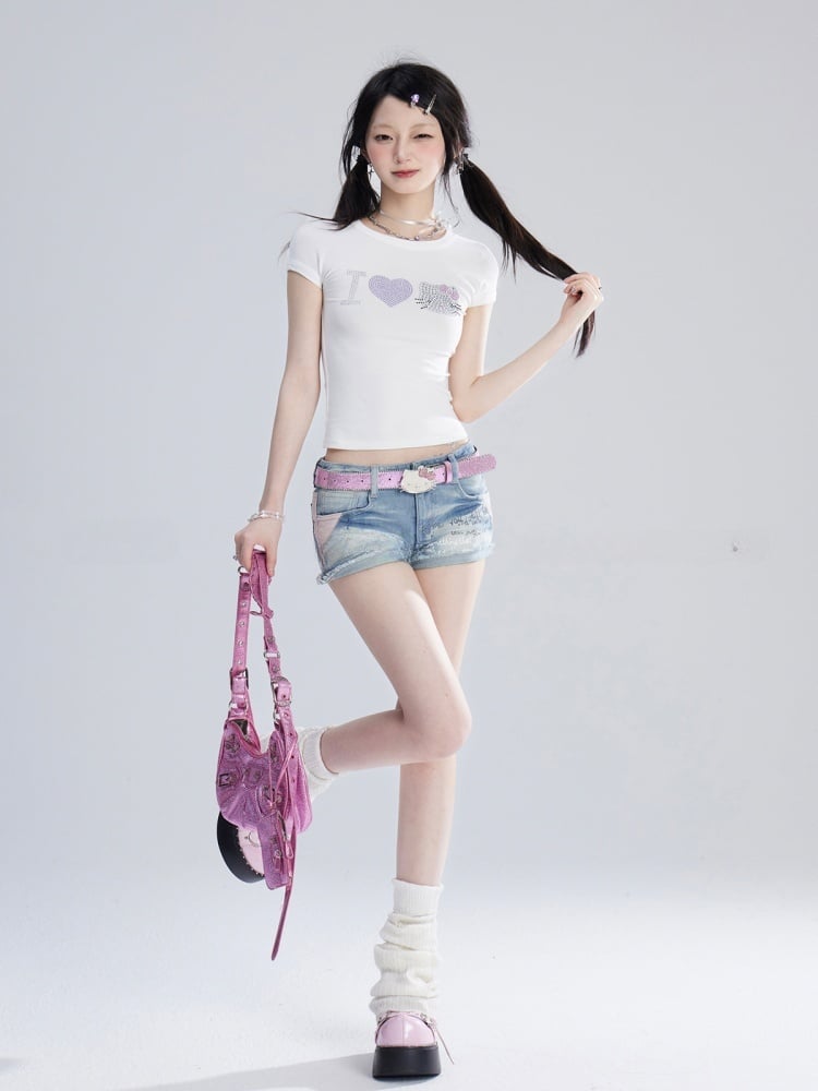 Sweet White Kitty Rhinestones Tank Top/T-Shirt