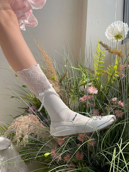 Lace with Calf Cuff Decoration Bow Socks White/Black/Pink