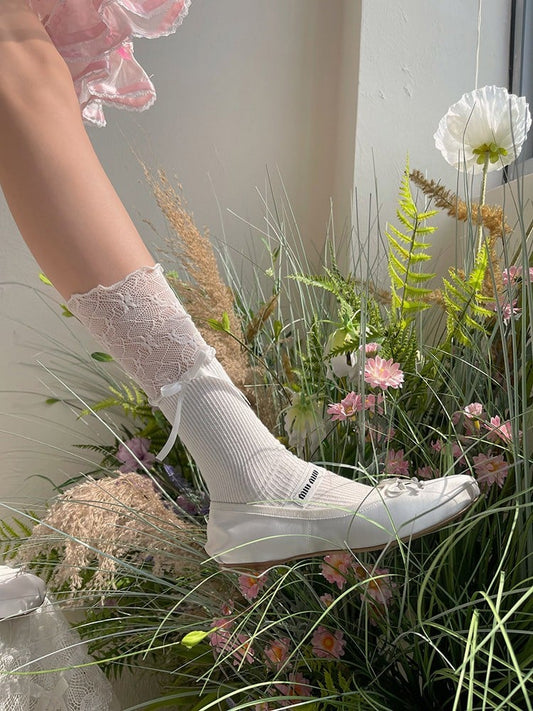 Lace with Calf Cuff Decoration Bow Socks White/Black/Pink