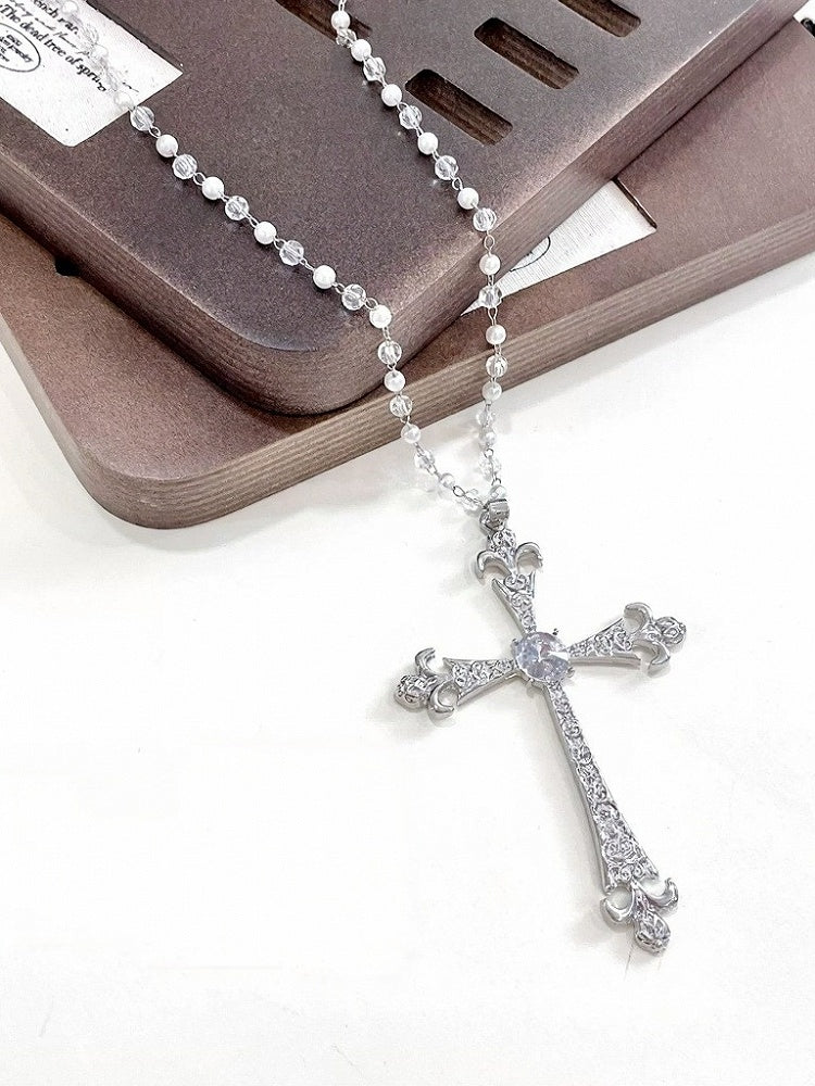 Beaded Monochrome Gothic Crucifix Pendant Necklace - WhaleHall