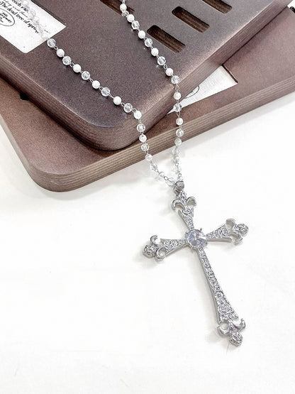 Beaded Monochrome Gothic Crucifix Pendant Necklace - WhaleHall