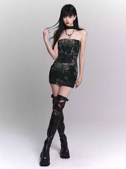 Black Oil Painting Print Halter Neck Glamorous Slim-fitting Mini Dress