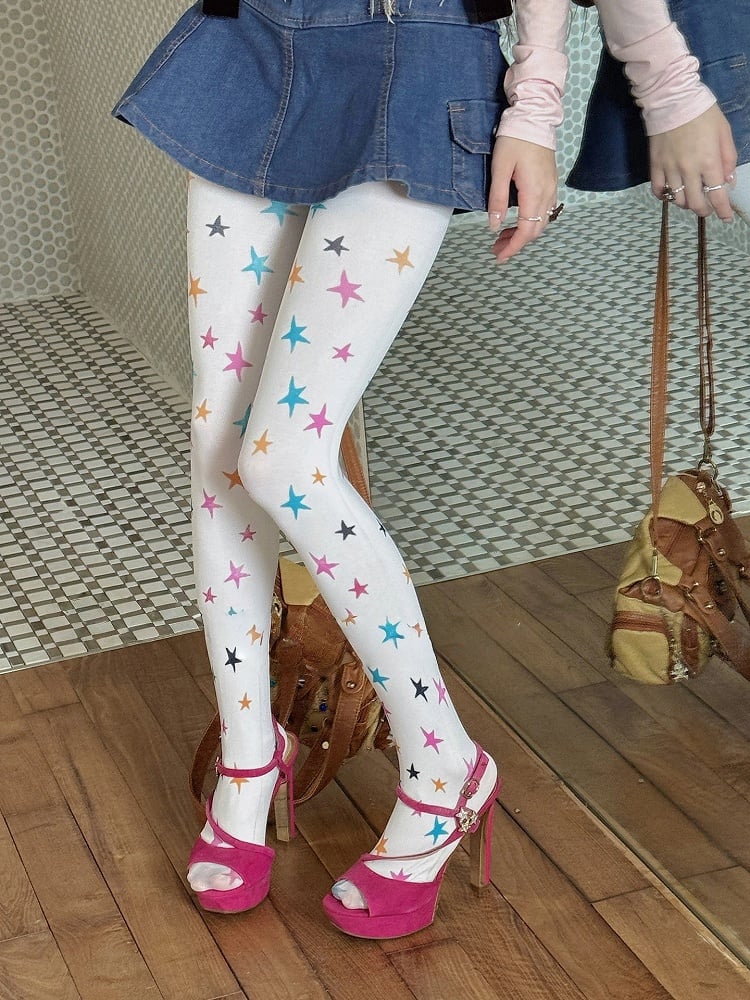 Opaque Colorful Sweet Star-Print Retro (Y2K Pantyhose Style)