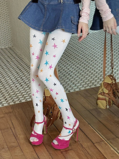 Opaque Colorful Sweet Star-Print Retro (Y2K Pantyhose Style)