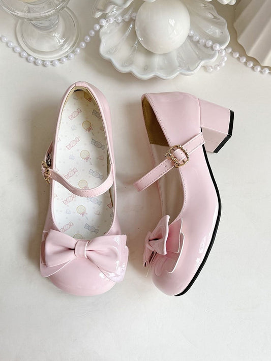Round-toe Bow Pink - Buckle Sweet Mary with Mid Jane 4.5cm Shoes Closure Cat Lolita Heel