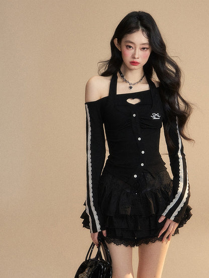 Trim Glamorous Spitzenausschnitt Schwarz Neckholder Herzförmiges Top Schmal geschnitten