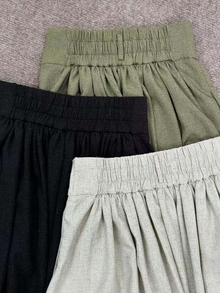 Skirt with Partial Green Style Pleated Waistband Chinese Elastic