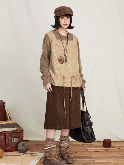 Drawstring Two-Piece Coffee Sweater Mock Pinecone Waist Kawaii Print with Vintage