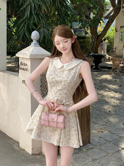 Apricot Floral Dress with Lace Trim - Qchiwawameme