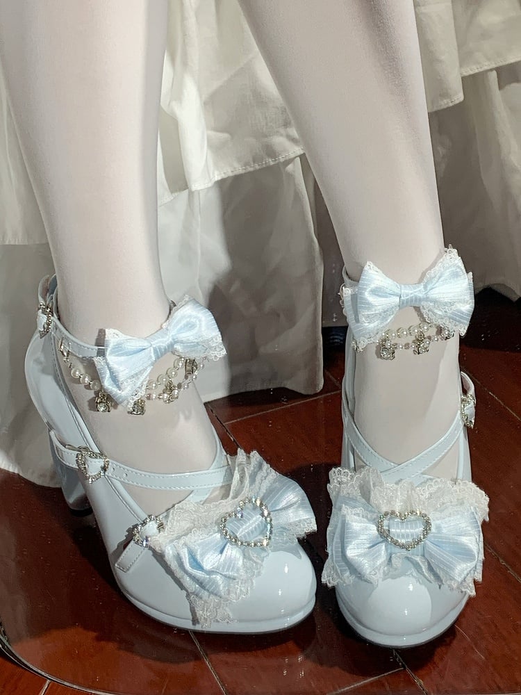 Lolita Hime High-heel Blue Lace Bow Trimmed Shoes -