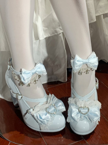 Lolita Hime High-heel Blue Lace Bow Trimmed Shoes -