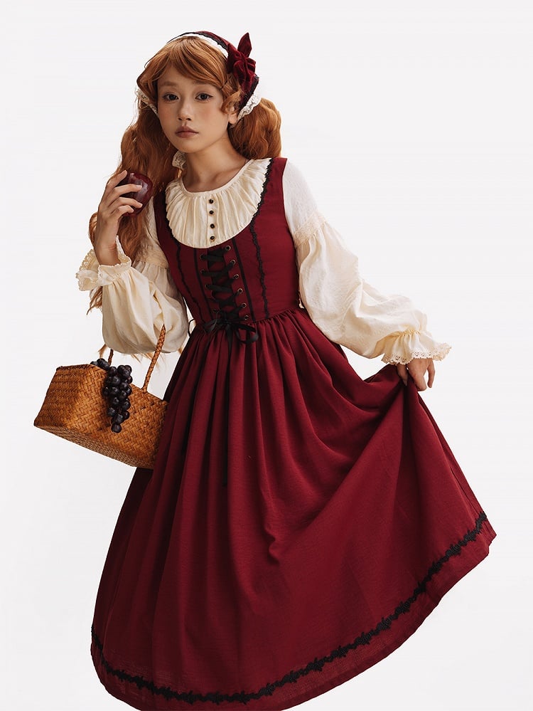 Red & Beige Round Neck Long-sleeved Elegant Classic Lolita Dress with Lace-Up Front