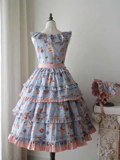 Cookie Hamster Sweet Lolita and Ruffle Print Dress Pink Hem Blue