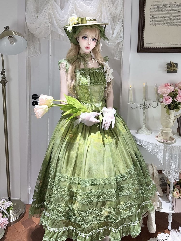 Top Basque Print Waist Boned + Skirt Painting Oil Lolita Classic Overlay Green