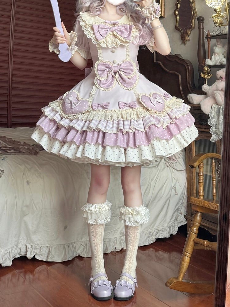 Purple Tiered Skirt OP Sweet Lolita Gown Accented with Bowknots & Heart Motifs - Sweet Crystal