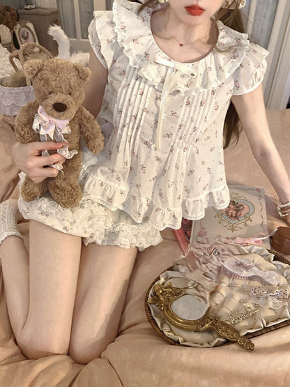 Dollcore Blouse Beige Floral  Ruffle Trim Print With