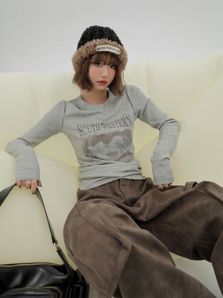 Vintage Retro Printed Long Sleeve Knit Tee in Size S Clearance - Girlyhalo