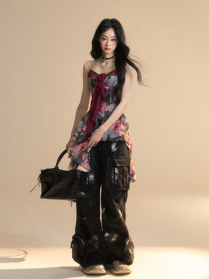 Malerei Rot Öl Cami Top Asymmetrische Volant Verziert Saum Floral Glamourös