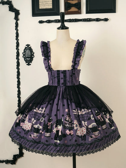 Lolita and Straps Ruffle Waist High Print Kitty Purple Cake Detachable Skirt with