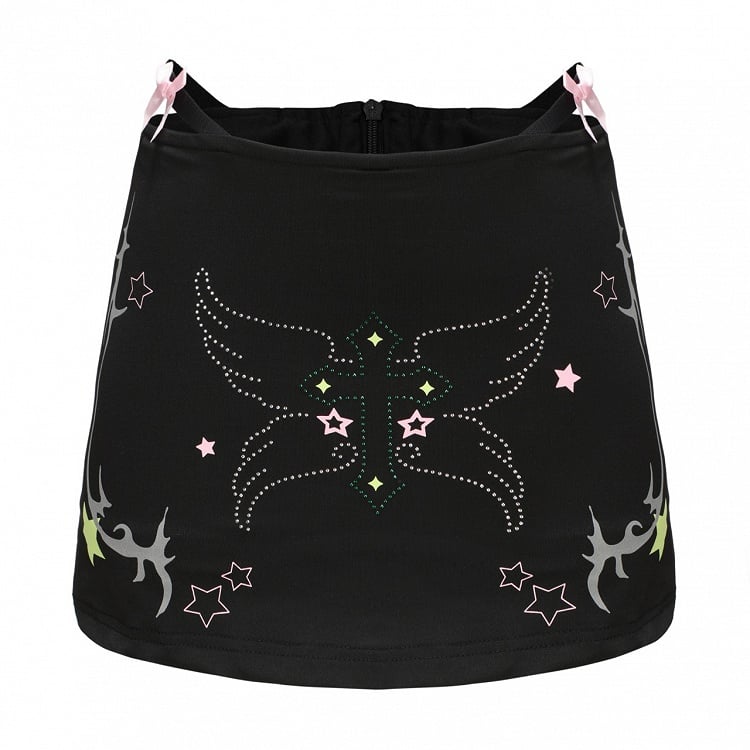 Lining and Rhinestone Star Design Y2K Gyaru Black Bodycon Skirt with Reflective