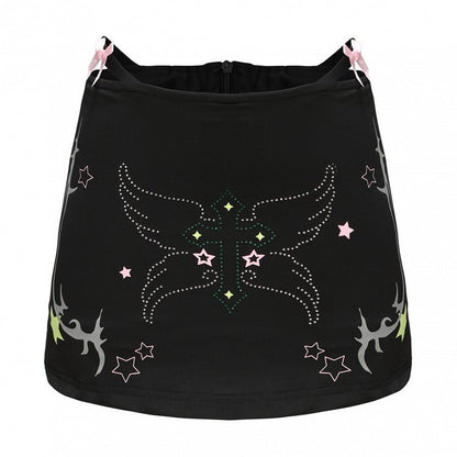 Lining and Rhinestone Star Design Y2K Gyaru Black Bodycon Skirt with Reflective