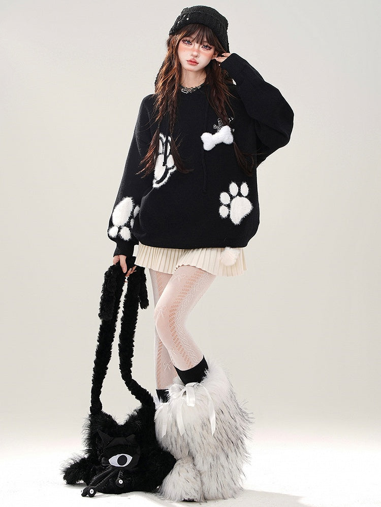 Black/White Cute Paw Appliques Puppy Ears Hoodie