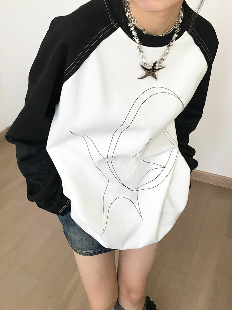 Black & White Long Sleeve Round Neck Top with Line Print - innomoood