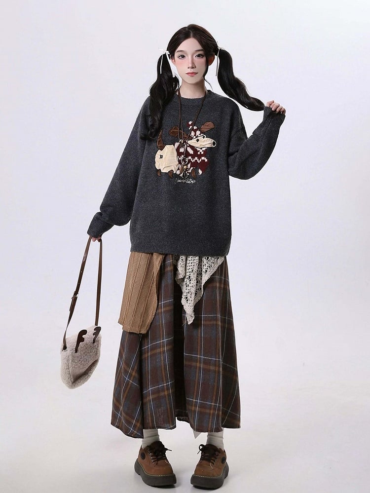 Design Skirt Coffee Maxi Patchwork with Kei Mori Plaid Asymmetrical