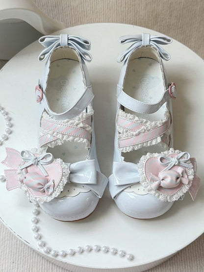 - Low Heels Pink mit Clip Style Lolita Sweet A Candy-Decorated Heart Shoe Bow Blue