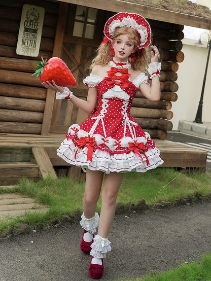 and Puff Dress Dot Sleeves School Polka Lolita Neck with Old Red Accents Halter Bow