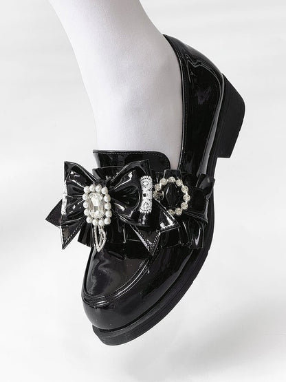 Jirai Detachable Polished Loafers Rhinestone - with Trim Design Black Slip-On Kei Beads And Decor Bow Ruffle